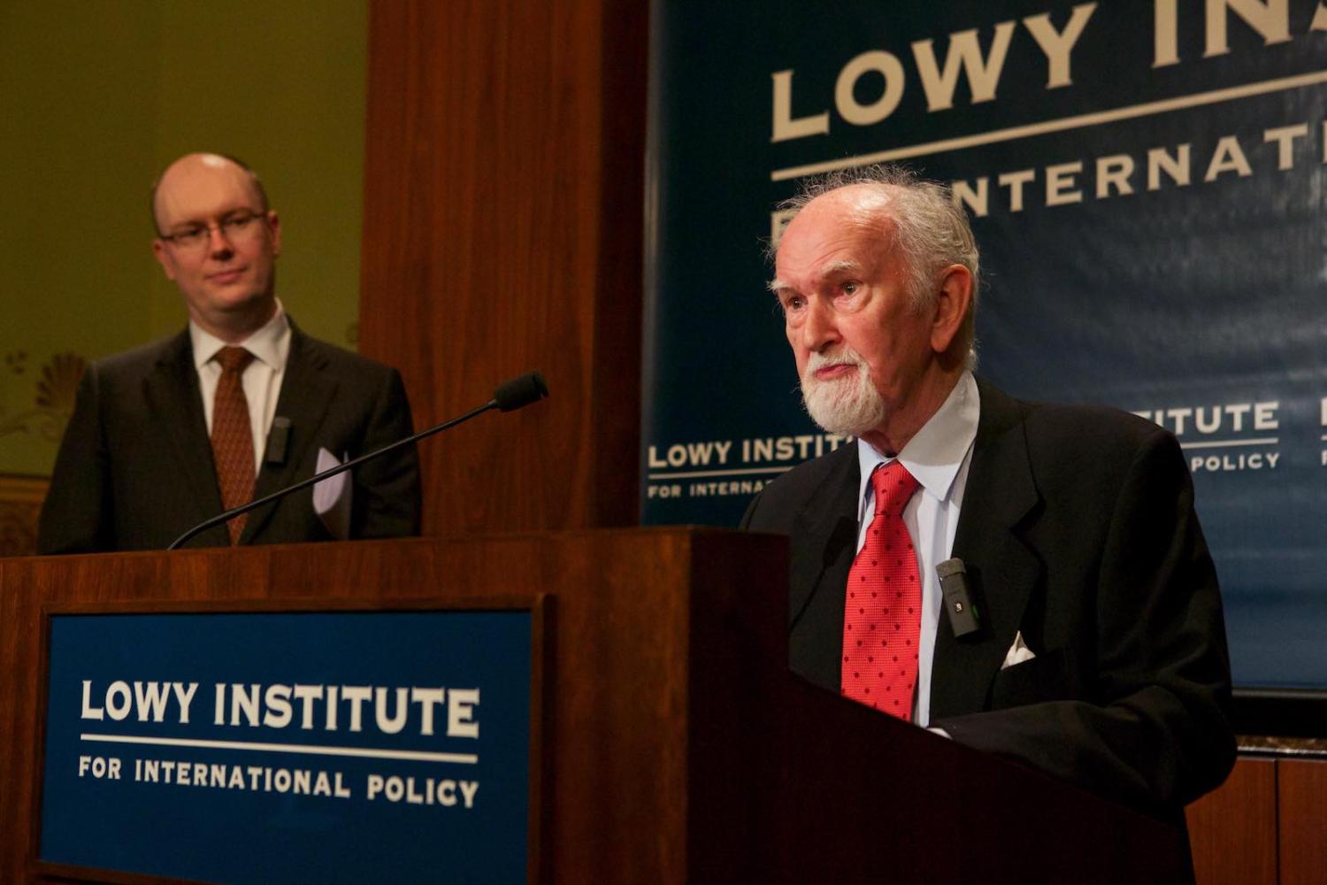 Owen Harries, with Michael Fullilove in the background, introducing the 2013 Owen Harries Lecture.